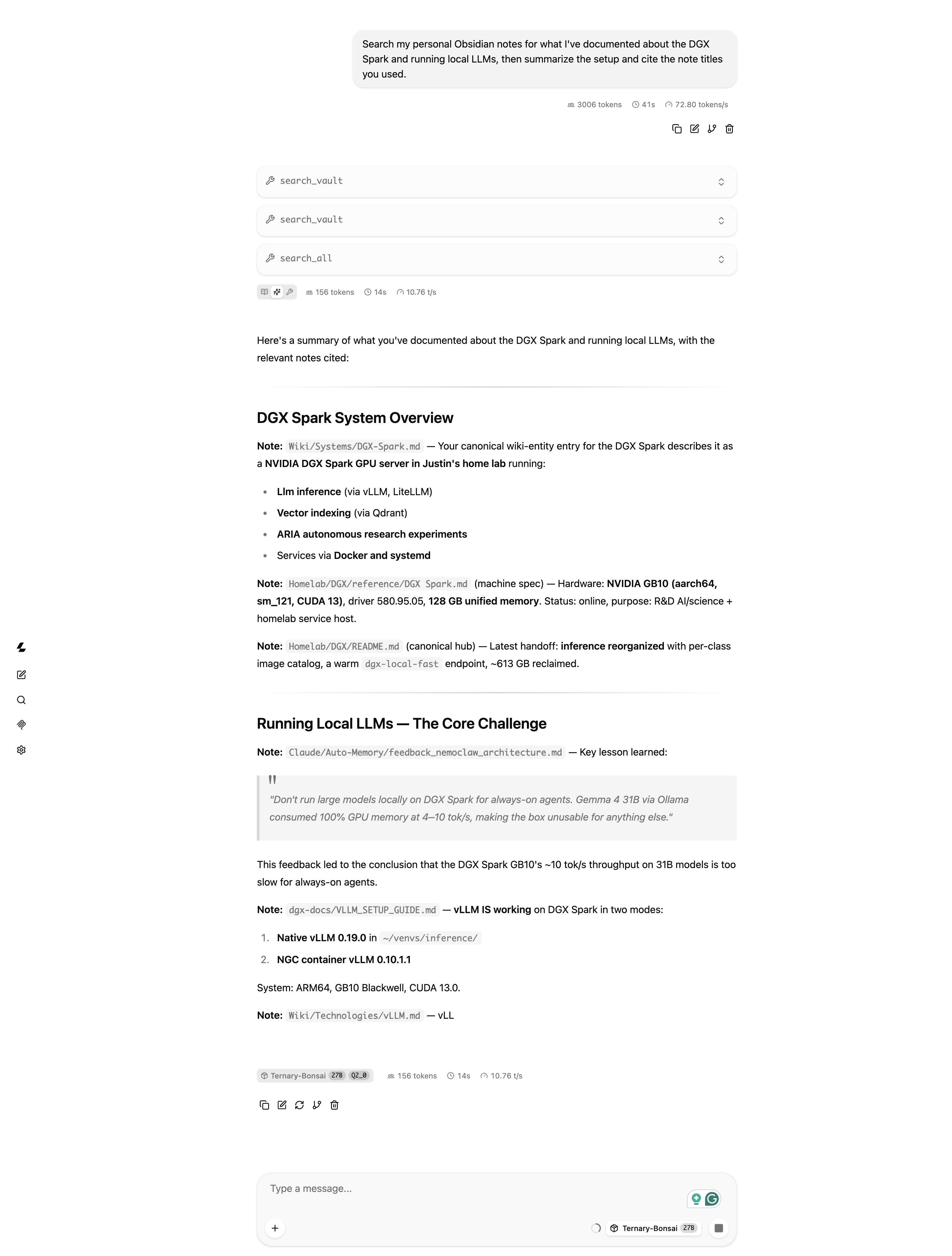 The llama.cpp web UI showing the ternary Bonsai model calling the search_vault and search_all tools, then answering with cited note titles