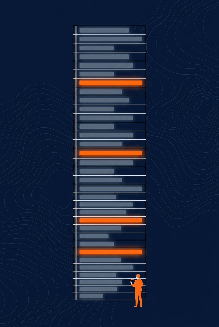 A navy ledger of pilot rows, most dimmed gray, a few lit, one orange figure auditing the column.
