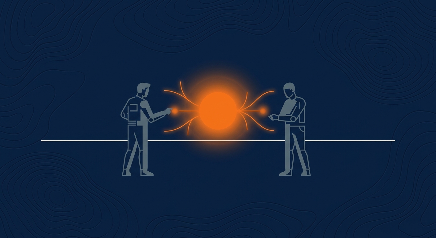 A navy diagram of two operator nodes sharing one glowing orange canonical core, a thin guard line between them.